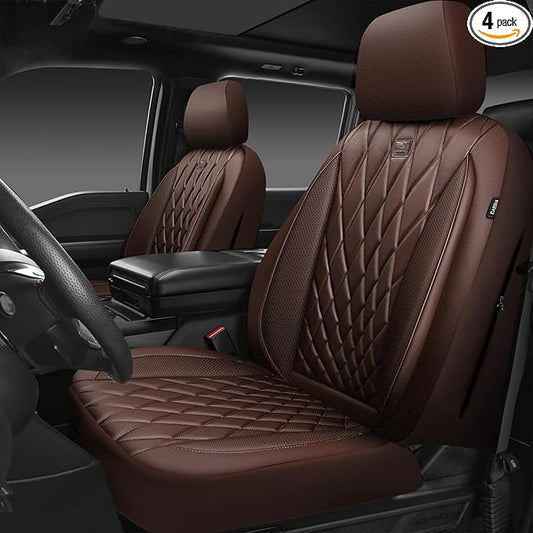 CAR PASS Piping Luxury Faux PU Leather Two Front Car Seat Covers, Waterproof Anti Slip Seat Covers Compatible with Front Seat Armrests,Universal Fit for Suvs,Vans,Trucks,Airbag Compatible, All Brown
