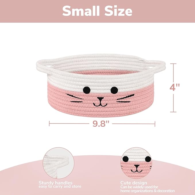 Cute Cat Toy Basket, Decorative Baby Gift Basket for Girls, Small Woven Baskets for Nursery Living Room, White & Pink, 9.8 x 4 inches