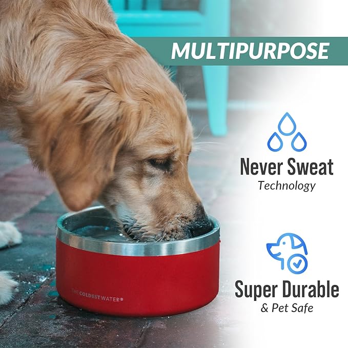 Coldest Dog Bowl - Anti Rust Metal, Non Slip, 3 Layers Insulated Stainless Steel Dog Bowls - Spill Proof & Heavy Duty - Water Bowl for Dogs, Cats & Pets, Dish Washer Safe (42 oz, Crimson Red)