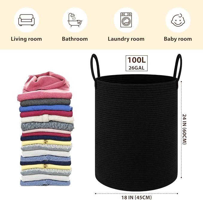 OIAHOMY Large Laundry Basket Hamper - 100L Cotton Rope Woven Basket for Blankets, Toys, Clothes - Tall Decorative Nursery Hamper with Long Handles, Black