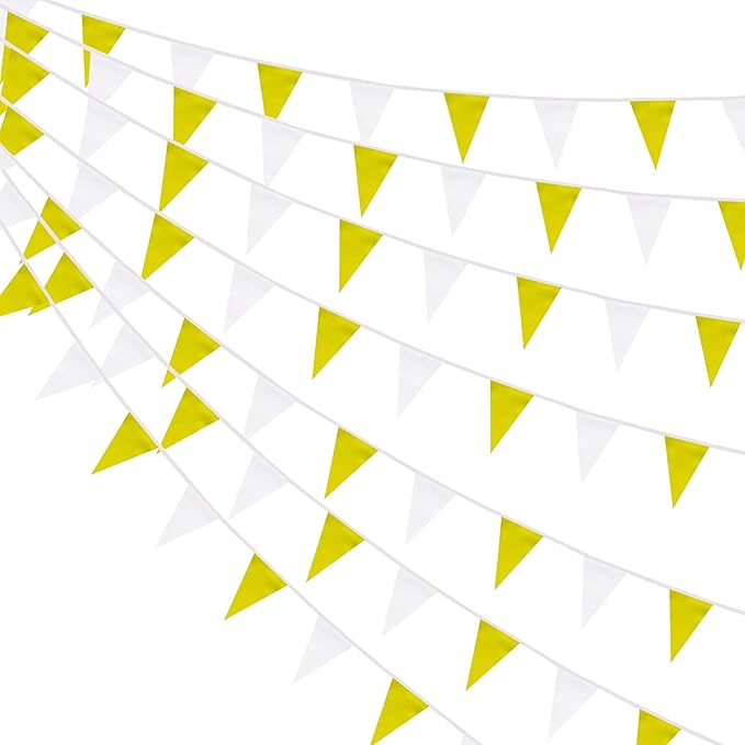 100 Feet Yellow & White Pennant Banner Flags String Hanging Yellow & White DIY Triangle Bunting Flags,Party Decorations for Grand Opening,Party Events Celebration,Kids Birthday,60 Pcs