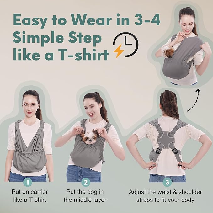 Supet Dog Sling Carrier for Small Pets, Hands Free Cat Sling, Reducing Back Neck Pain Anti-Anxiety Puppy Front, Adjustable Soft Dog Carrying (Grey, Regular 0-9 Lbs)