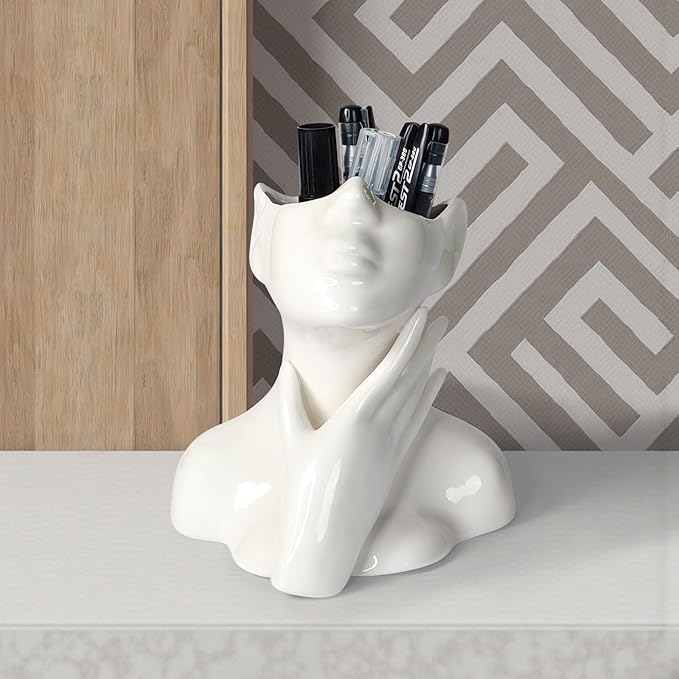 Ceramic Face Pen Holder Organizer, Female Form Face Pen Tools Storage Cup for Desk Accessories, Compact Pencil Holder for Desktop, Living Room, School, Home and Office Decor