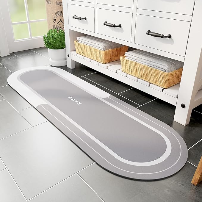 MontVoo Bath Mat Runner - Long Non Slip Absorbent Quick Dry Thin Bath Rug for Bathroom Floor Mat - Rubber Backed - Stain Resistant - Easy Care - Gray 17"x59"
