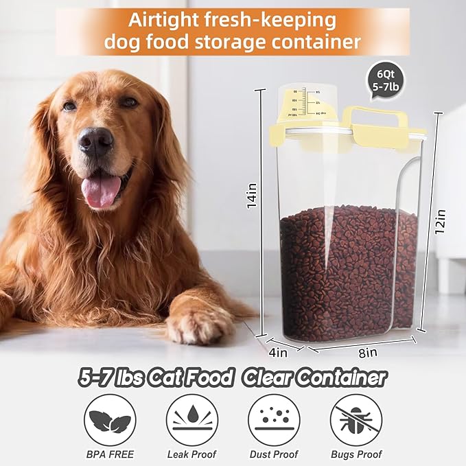 LEAWALK 5-7Lbs Cat Dog Storage Container, Portable Pet Food Containers with Upgraded Large Spout and Cup, Small Animal Kibble Dispenser for Bird Seed, Oatmeal, Rice, Flour (1, Cream yellow, 5L)