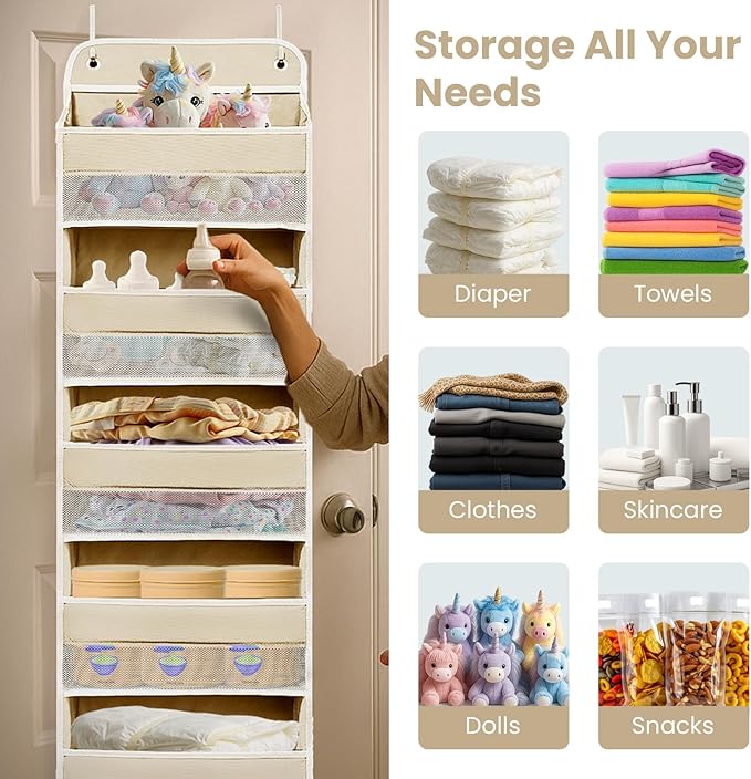 Over The Door Organizer with 8 Side Mesh Pockets, 44lb Weight Capacity Hanging Behind The Door Bathroom Organizers and Storage Suitable for Storing Toys, Shoes, Towels, Lvoy White, 5 Shelf