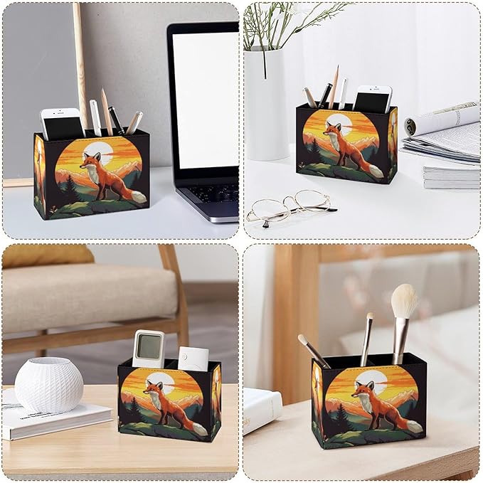 Famame Fox Sunrise Mountain Pencil Holder for Desk, Leather Desktop Container Pen Cup Storage Study Table Pen Organizer Makeup Brush Holder for Classroom Office Home