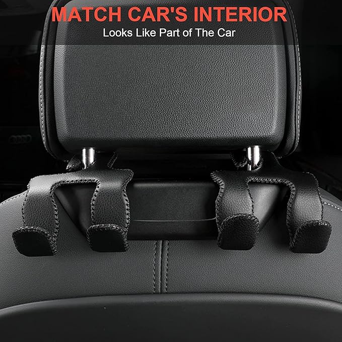 Car Purse Hook, 2 in 1 Car Seat Headrest Hooks Durable Hanger Storage Holder Leather Organizer for Hanging Grocery Bags, 2 Pack, Brown