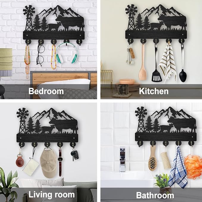 MAYJOYDIY Wall Mount Key Holder, Farmhouse Cow Design, 11.8x7.9 inch, 5 Alloy Hooks, Black Mountain Tree Decor