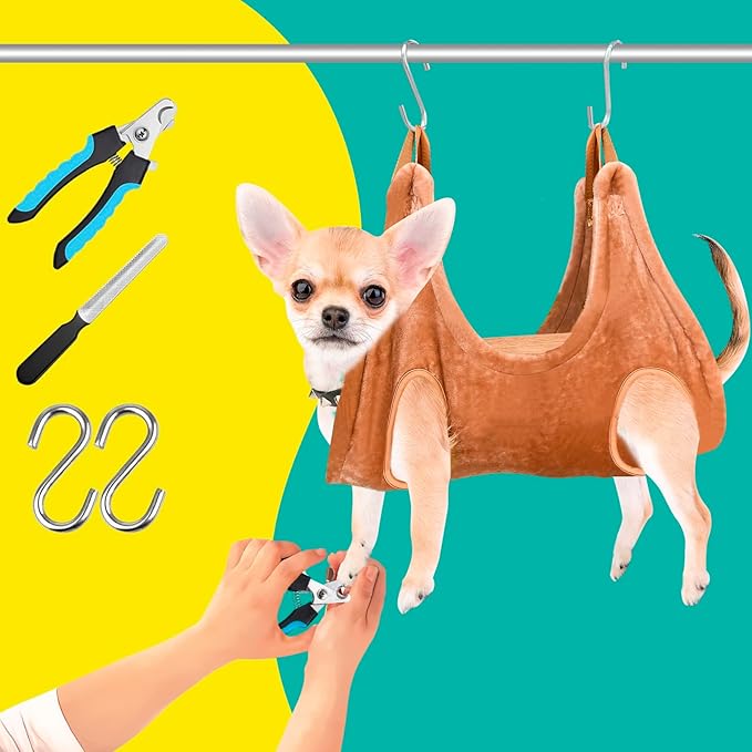 Dog Grooming Kit, Dog Grooming Supplies, Dog Grooming Hammock, Dog Grooming Harness, Dog Nail Clippers, Dog Nail Grinder, Hooks, Dog Hammock Kit for Nail Trimming/Hair Trimming(Coffee, XS)