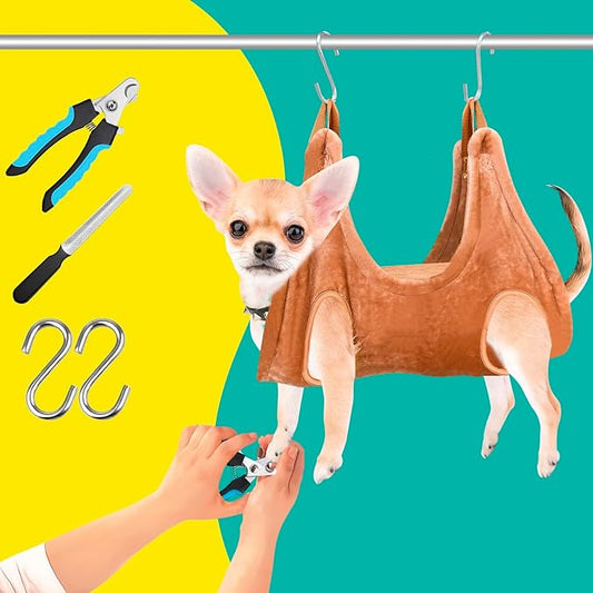Dog Grooming Kit, Dog Grooming Supplies, Dog Grooming Hammock, Dog Grooming Harness, Dog Nail Clippers, Dog Nail Grinder, Hooks, Dog Hammock Kit for Nail Trimming/Hair Trimming(Coffee, XS)