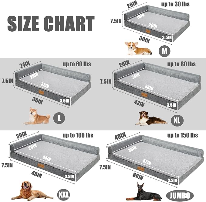 Patas Lague Orthopedic Dog Bed Large Sized Dog 36''X24'', Waterproof L Bolster Medium Pet Sofa Beds with Removable Washable Cover, Soft Pet Couch Crate Mat with Nonskid Bottom, Grey