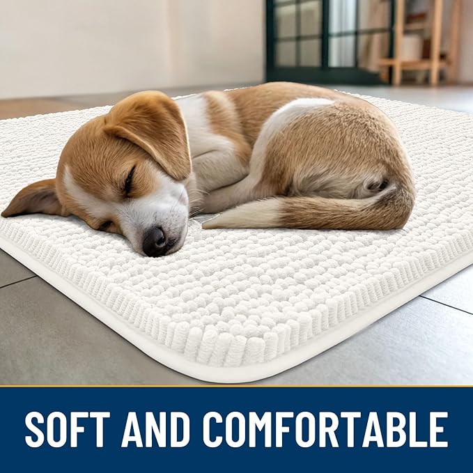 Smiry Dog Door Mat for Muddy Paws 48x30, Absorbs Moisture and Dirt Doormat, Non-Slip Washable Quick Dry Chenille Front Door Mat Indoor Entrance, Entryway Carpet for Inside Floor, Ivory