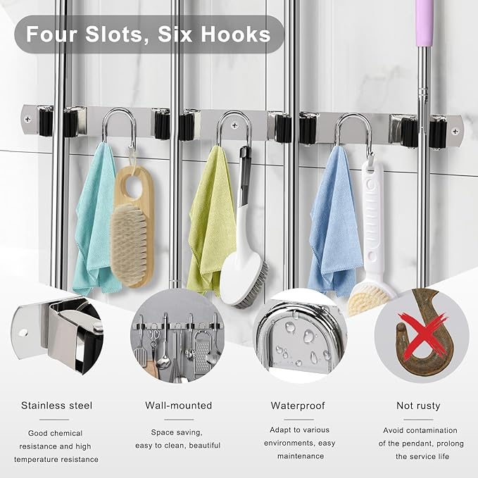 Mop Broom Holder Wall Mount, Silver Stainless Steel Tool Storage Organizer for Kitchen Garden Garage Laundry Room Bathroom and RV with 4 Slots 6 Hooks