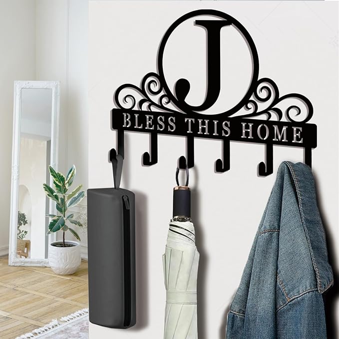 Metal Letter J Key Holder for Wall, Decorative Metal Key Holder Wall Mount, Key Hooks Coat Rack Monogram Wall Decor, Perfect for Bathroom, Living Room, Kitchen, Anniversary Housewarming Gift