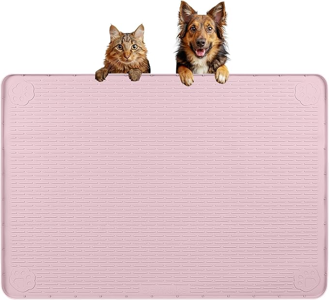 Bartuke Dog Food Mat, Extra Large 34" x 22" Silicone Pet Feeding Mat with Raised Edge Pet Placemat for Small, Medium, and Large Pets Non-Slip, Easy to Clean (Pink)