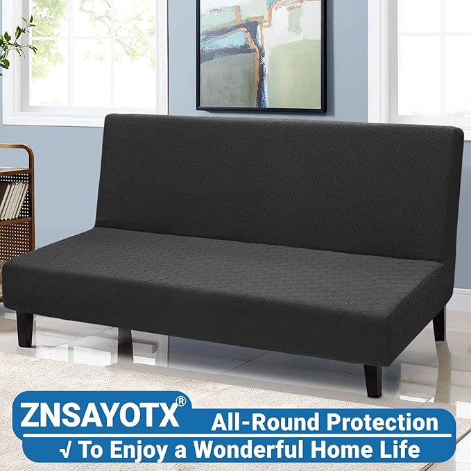 ZNSAYOTX Stretch Fit Futon Cover (67"-82") Armless Futon Sofa Bed Slipcover with Elastic Band, Universal Foldable Sofa Mattress Protector Full Queen Size, Washable Comfort Jacquard (Black)