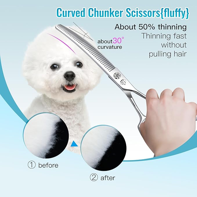 Professional Curved Thinning Scissors for Dog Grooming, 30-Degree Curvature, Japanese 440C for Trimming Dogs Cats and Other Pets face and paws (Curved Blender)