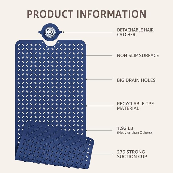 OTHWAY Bath Mat for Tub Non Slip: 39" X 17" Long Bathtub Mat with Hair Catcher│Big Drain Holes Shower Mats for Inside Shower│Machine Washable (Navy Blue)
