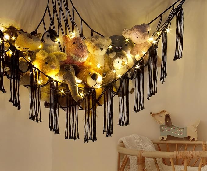 RelaxScene Stuffed Animal Storage Hammock Corner X-Large with LED Light - Baby Hammock Hanging Holder Plushies Net for Stuff Animals Organizer - Cute Room Decor Aesthetic Kids Toddler Nursery Bedroom