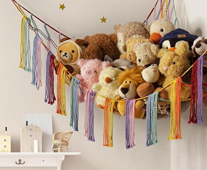 RelaxScene Stuffed Animal Storage Hammock Corner X-Large with LED Light - Baby Hammock Hanging Holder Plushies Net for Stuff Animals Organizer - Cute Room Decor Aesthetic Kids Toddler Nursery Bedroom