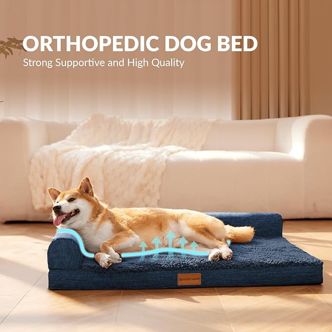 Patas Lague Orthopedic XL Dog Bed Large Sized Dog 42''X28'', Waterproof L Bolster Big Large Pet Sofa Beds with Removable Washable Cover, Soft Pet Couch Crate Mat with Nonskid Bottom, Navy Blue