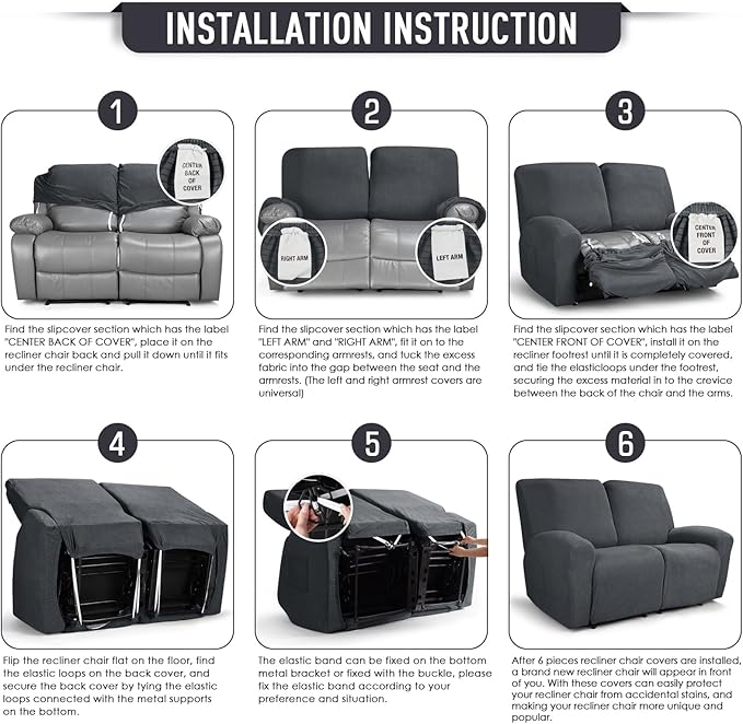 TAOCOCO Recliner Loveseat Slipcover, 6 Pieces Dual Recliner Sofa Covers for 2 Seat Dual Reclining Loveseat Couch, Stretch Soft Jacquard Pattern Furniture Protector with Elasticity (2XL, Charcoal Grey)