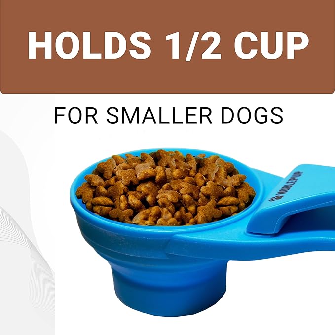 MeasureMate Pet Food Scoops with Bag Clip for Dog and Cat - 3-in-1 Multi-Function Collapsible Food Measuring Cup - 1/2 Cup Capacity, 4oz, Blue - Dishwasher Safe