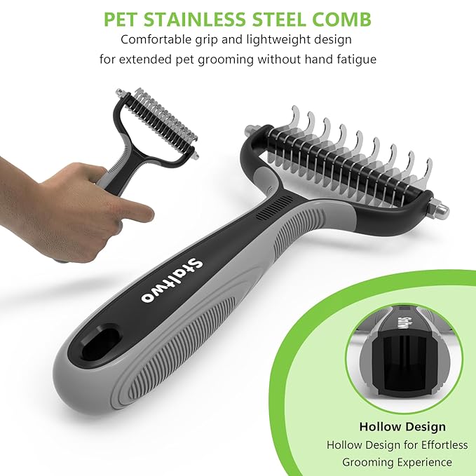 Staltwo Pet Grooming Supplies - 2-in-1 Professional Undercoat Rake and Pet Brush | Shedding Control for Long-Haired Dogs and Cats, Deshedding Tool, Knot Removal,Grey