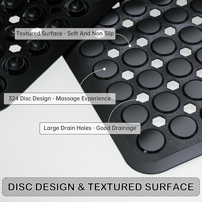Linoows Non-Slip Bathtub and Shower Mats, Power Grip Bath Mat 35 x 16.3 Inch with Suction Cups and Drain Holes for Tub Bathroom Floor Safety, Machine Washable Soft Bathmat, Black