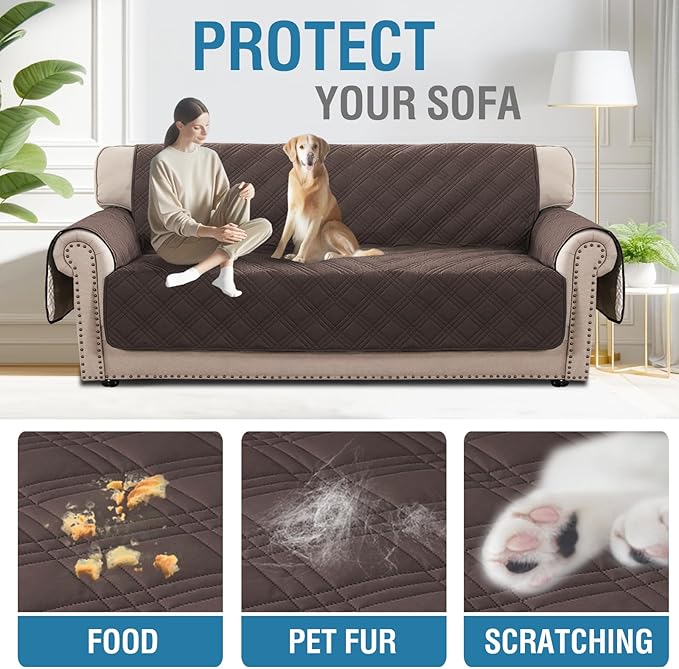 H.VERSAILTEX 100% Waterproof Sofa Covers for 3 Cushion Couch Modern Sofa Cover for Dogs XL Couch Covers for Oversized Sofa with Elastic Straps (Oversized Sofa,Chocolate/Beige)