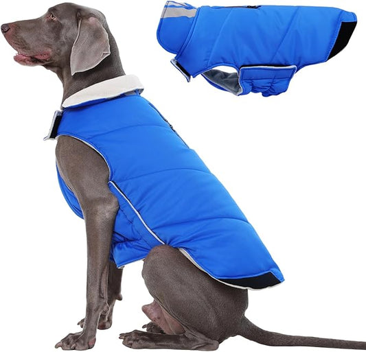 Kuoser Dog Winter Coat Cold Weather Reflective Waterproof Dogs Jacket, Warm Fleece Lined Turtleneck Doggy Vest with Zipper, Dog Snow Jacket Pet Apparel for Small Medium Large Dogs, Blue 2XL