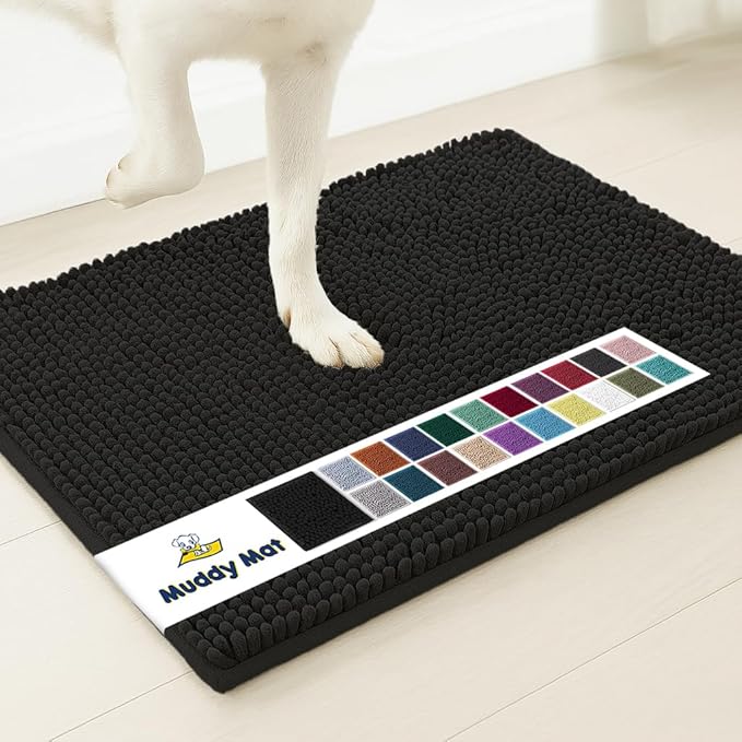 Muddy Mat® Shown on TV – Super Absorbent Microfiber Dog Door Mat for Muddy Paws, Non-Slip Washable Pet Rug, Quick Dry Chenille Entryway Carpet, Machine Washable Indoor Outdoor mat, Black 28"x18"