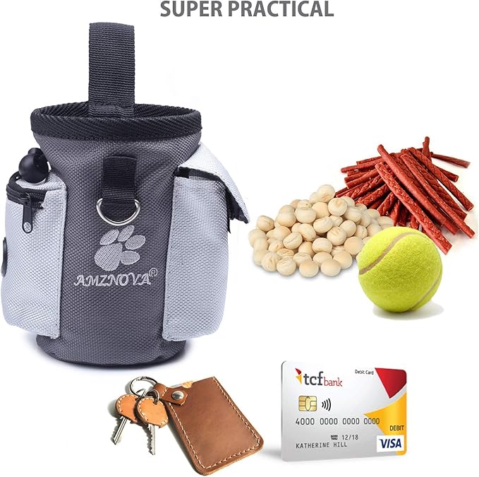 AMZNOVA Dog Treat Bag Treatnow Dog Treat Pouch, Training Pouch with Waist Belt & Clicker for Training & Walking, Waist Clip On Snack Fanny Pack for Pet, 3Cups, Grey