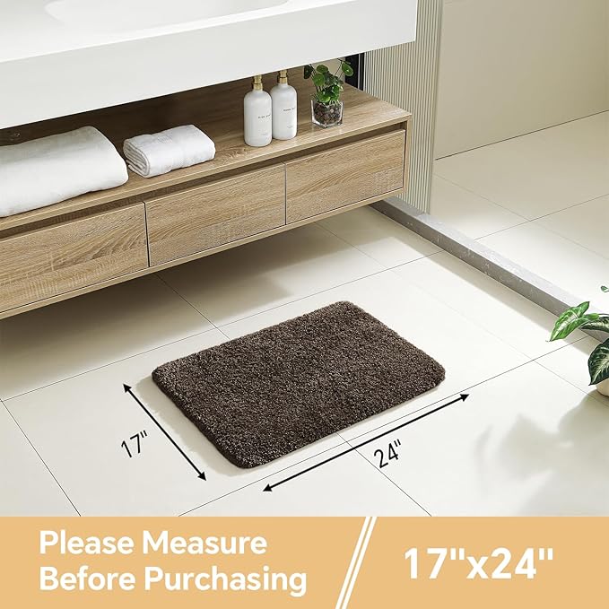 Brown Bathroom Rugs 17"x24" - High-Density Microfiber Bath Mat, Fluffy Non Slip Absorbent and Washable Bathroom Mat - Ideal for Small Spaces, Vanity, Toilet, or Pet Mat