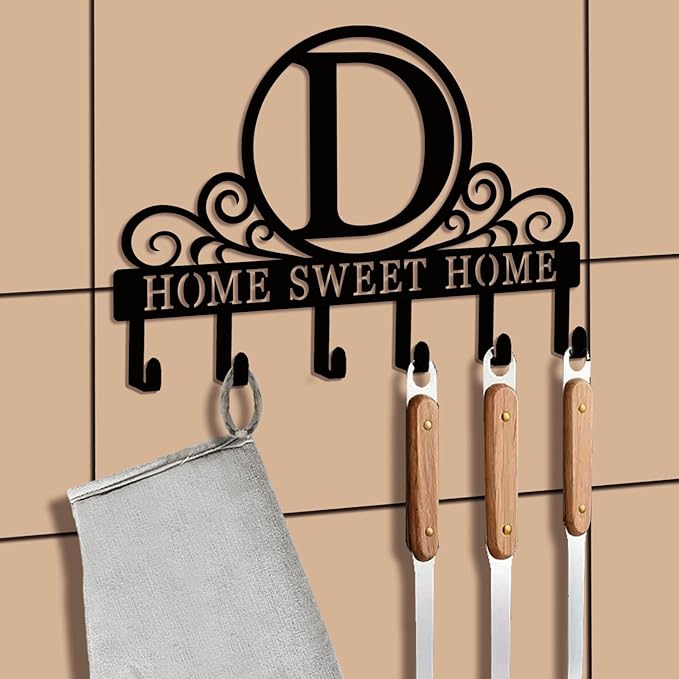 Metal Letter D Key Holder for Wall, Monogram Coat Rack Wall Mount, Key Hooks Perfect for Bathroom, Living Room, Kitchen, Office Ideal Wedding, Anniversary, Housewarming Gift (D)