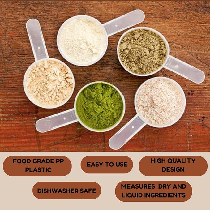 Plastic Measuring Scoop, (39 cc | 2.63 tbsp | 1.32 fl oz. | 39 mL) Long Handle Spoons for Powders, Granules, Coffee, Pet Food, Baking Supplies, Protein and Other Dry Goods, BPA Free (Set of 5)