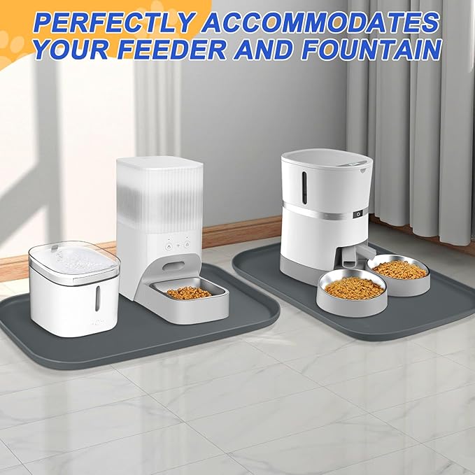 Silicone Pet Feeding Mat with Raised Edge for Food and Water, Dog Bowl Mats, Cat Bowls Placemat with High Lip for Floor Waterproof, Rubber Tray for Cats and Dogs 19 x 12 x 0.7 Dark Grey