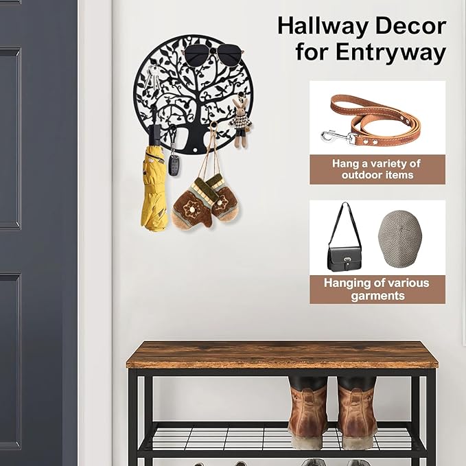 Round Decorative Home Key Holder Wall Mount, 2 Pack Metal Tree Car Key Rack for Wall Organizer for Keys, Wallets, Hats, Used for Decor for House Entryway, Kitchen, Garage, Office (12" Black)