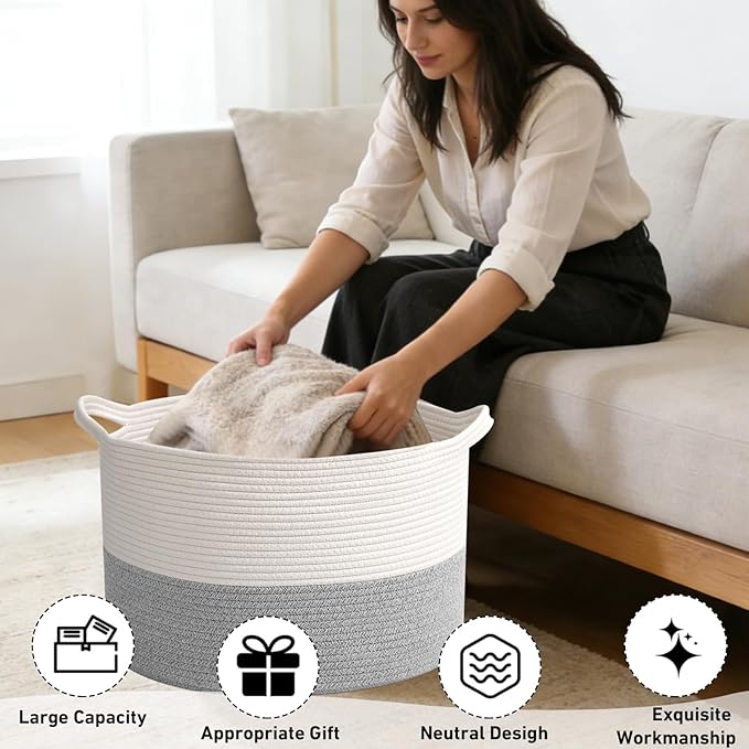 115L Extra Large Woven Cotton Rope Blanket Basket with Handles, Laundry Hamper Storage Bin for Pillows, Comforters,Clothes, Bedroom and Living Room Organization,White&Grey