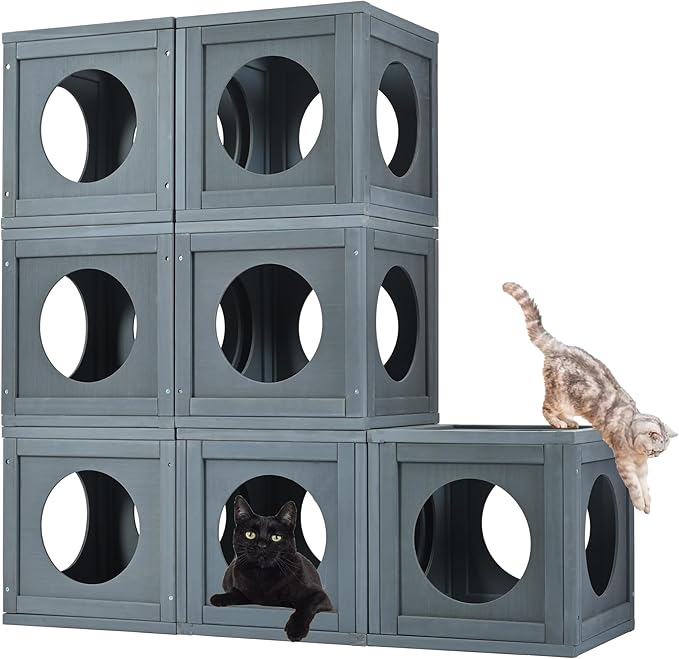 LOVMOR Outdoor Catio with Double Enter Doors, Grey Climbing Shelves, Weatherproof Pine Wood Playground with 7 Freely Combination Wood Boxes