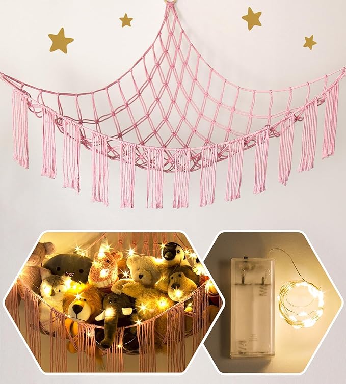 RelaxScene Stuffed Animal Storage Hammock Corner X-Large with LED Light - Baby Hammock Hanging Holder Plushies Net for Stuff Animals Organizer - Cute Room Decor Aesthetic Kids Toddler Nursery Bedroom