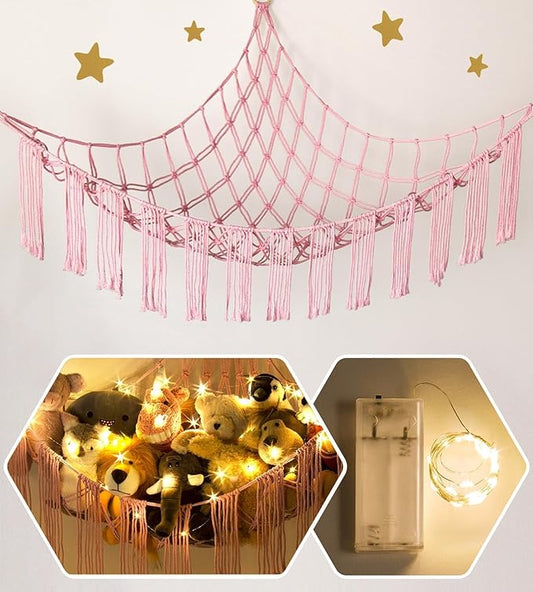 RelaxScene Stuffed Animal Storage Hammock Corner X-Large with LED Light - Baby Hammock Hanging Holder Plushies Net for Stuff Animals Organizer - Cute Room Decor Aesthetic Kids Toddler Nursery Bedroom