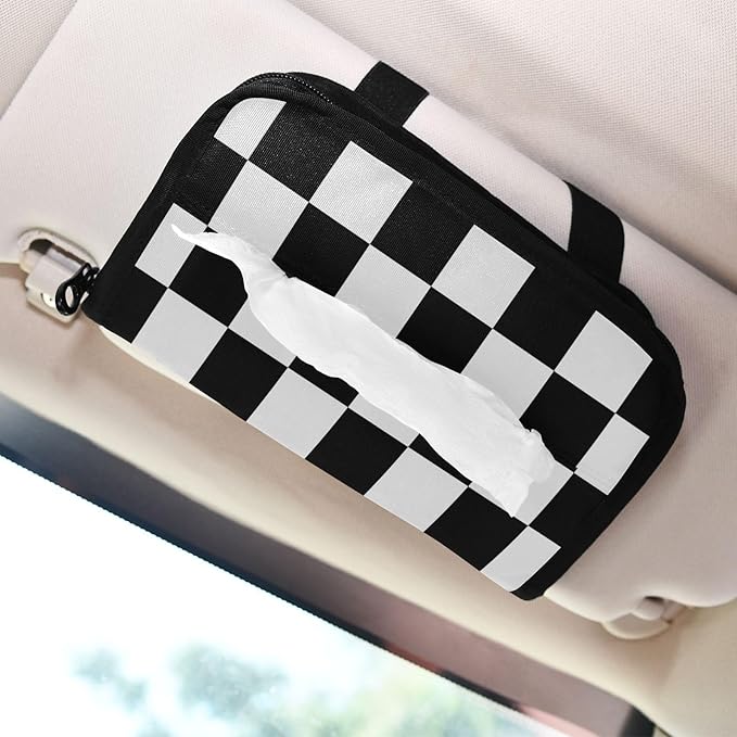 Car Tissue Holder Car Napkin Holder Car Tissue Box Dispenser Storage Case Sun Visor Mask Holder with Adjustable Straps Reusable Refillable Checkered Black and White