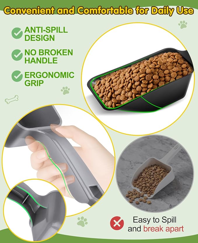 GNEOCO 2 Pack Dog Food Scoop with 1 Cup and 2 Cup Capacity, Plastic Pet Food Measuring Scoops with Clear Measurement Lines for Dogs, Cats & More,Dishwasher safe (Grey and Black)