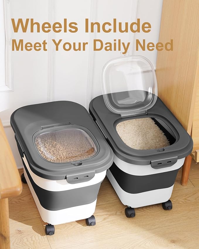 DDMOMMY 20-30 Lbs Rice Storage Container,Collapsible Food Storage Containers with Rolling Wheel Airtight Locking Lid,Flour Storage Container with Cup and Scoop,Suitable for Food,Rice,Pet Food,Flour