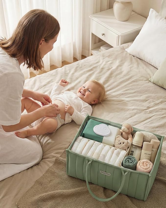 Blissful Diary Baby Diaper Caddy Organizer, Stylish Storage Basket for Newborn Essentials and Diaper Station, Gift for Baby Shower and Registry Must-Have, Sage Green