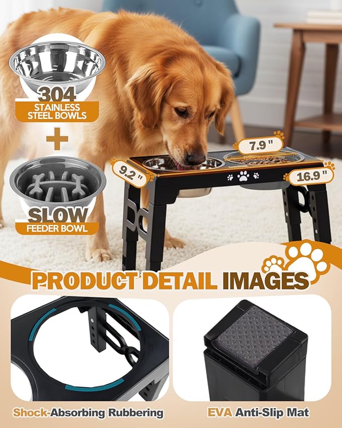 Jovrun Elevated Dog Bowls, Dog Feeder with Stainless Steel Dishes & Slow Feeder Bowl, 5 Heights Adjustable Raised Stand for Medium Large, Food Dishes with Non-Slip Feet