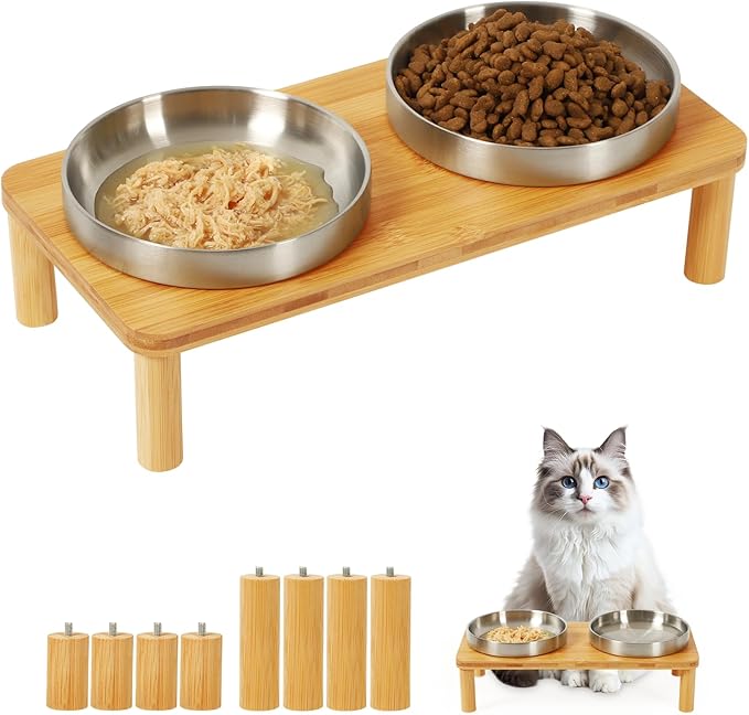Elevated Cat Bowls for Indoor Cats – Raised Bamboo Cat Food Table with 2 Stainless Steel Dishes, Adjustable Height (4.25"/3.07"), Set of 1