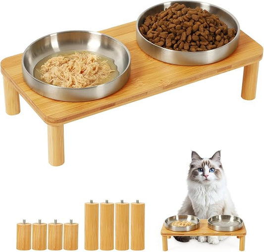 Elevated Cat Bowls for Indoor Cats – Raised Bamboo Cat Food Table with 2 Stainless Steel Dishes, Adjustable Height (4.25"/3.07"), Set of 1